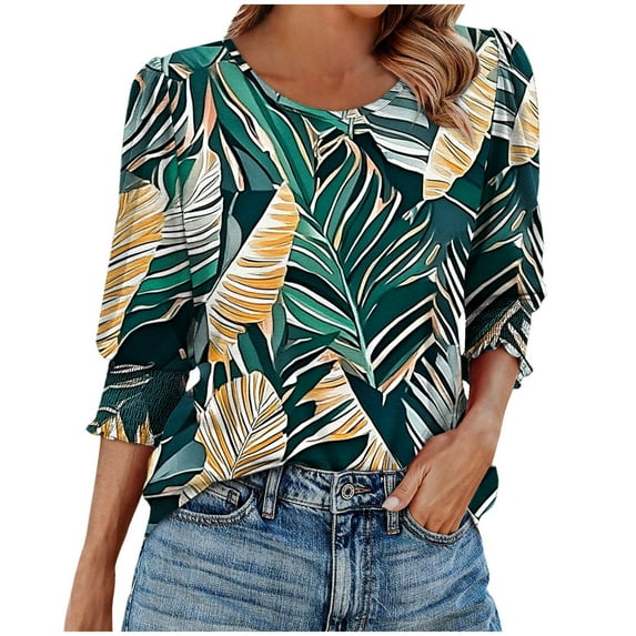 Womens 3/4 Sleeve Tops Floral Print Round Neck Shirts Loose Fit Three Quarter Sleeve Tshirts Casual Loose Basic T Shirt