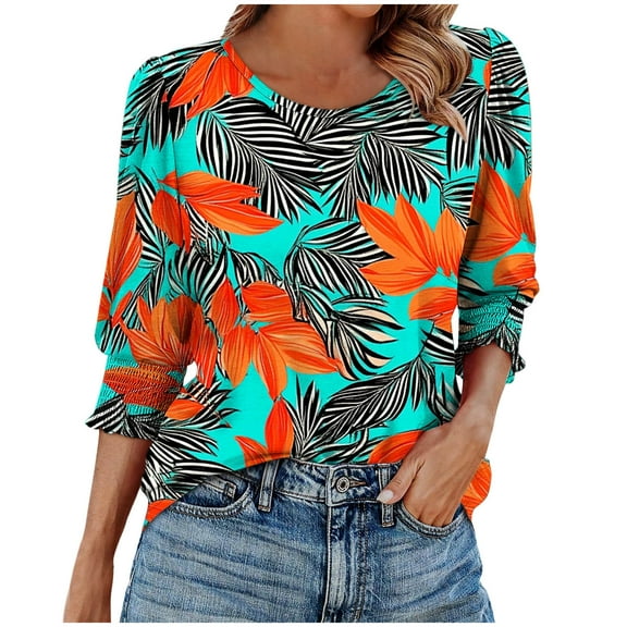 Womens 3/4 Sleeve Tops Floral Print Round Neck Shirts Loose Fit Three Quarter Sleeve Tshirts Casual Loose Basic T Shirt