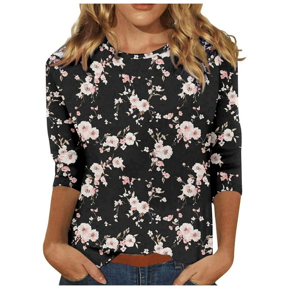 Womens 3/4 Sleeve Tops Floral Print Short Sleeve Crew Neck Tee Shirts Tshirts Casual Spring Summer Clothes (XL, Black 01)