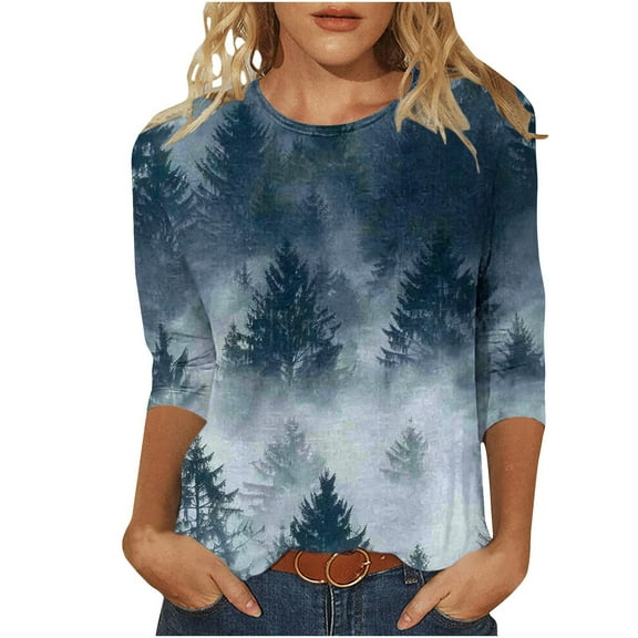 SHE IS Womens 3/4 Sleeve Tops, Floral Shirts for Women Sexy Womens Long Sleeve Tops Dressy Cotton Blue Long Sleeve Blouse Women Womens Graphic Tees Funny