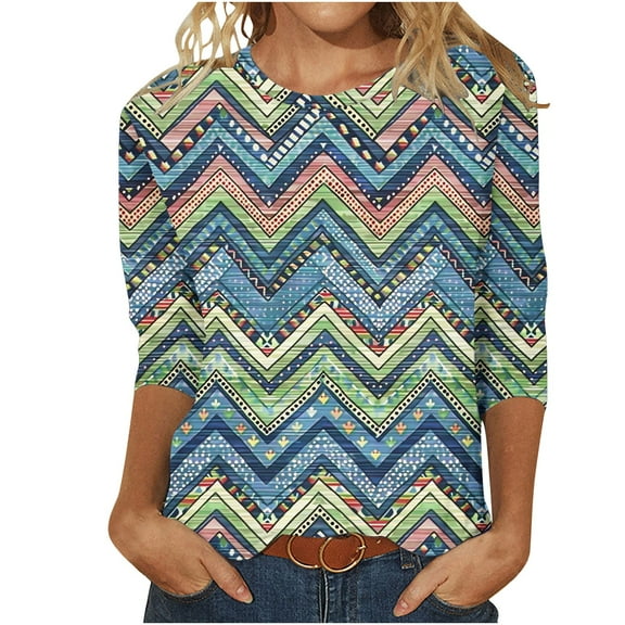Womens 3/4 Sleeve Tops Geometric Printed Crew Neck T Shirts Summer Fall Casual Basic Tees Plus Size Tshirts (3XL, Blue 01)