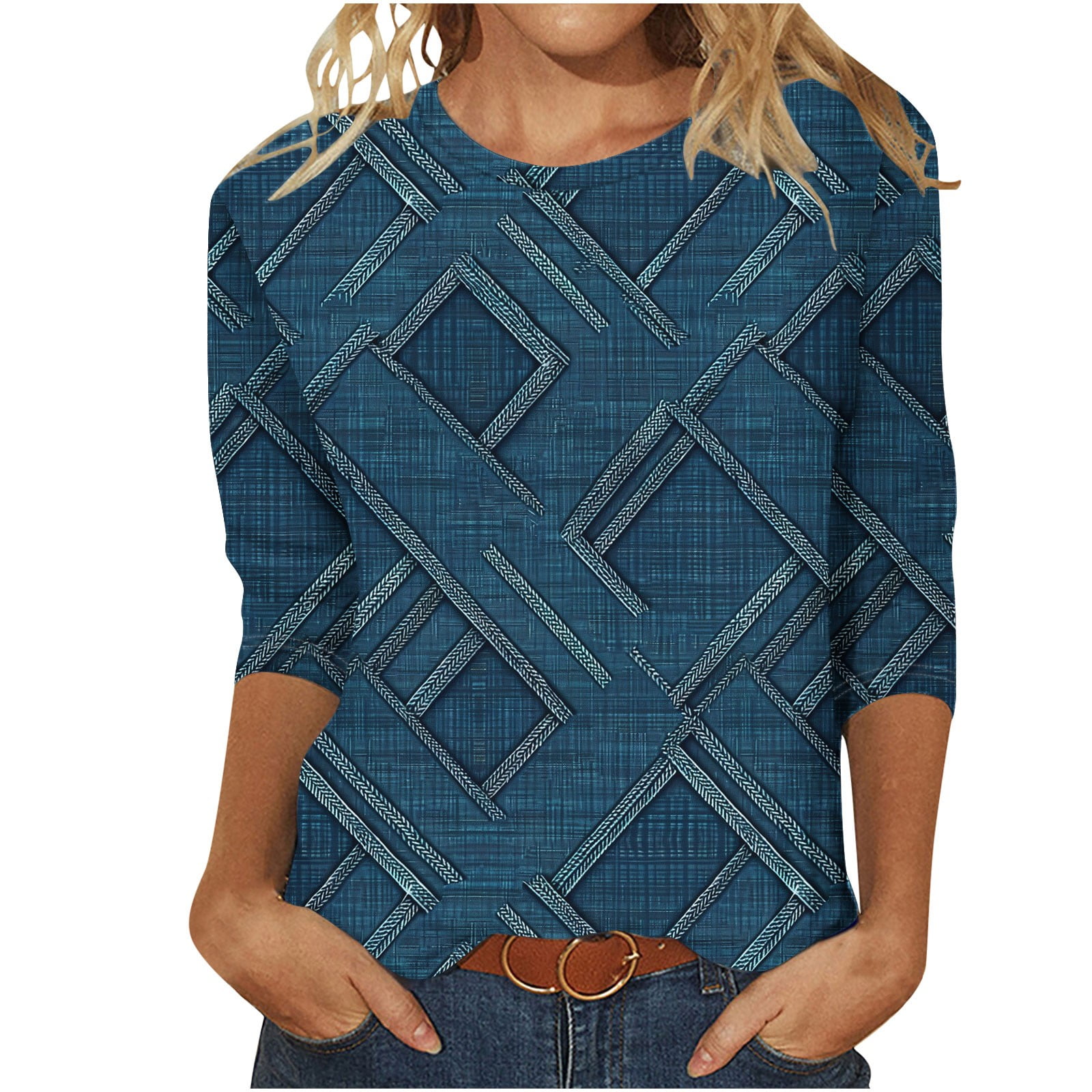 Womens 3/4 Sleeve Tops Geometric Printed Crew Neck T Shirts Summer Fall ...