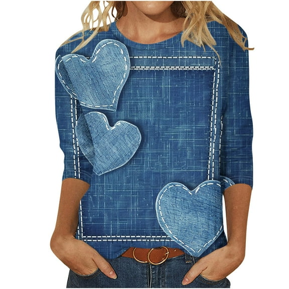 Womens 3/4 Sleeve Tops Geometric Printed Crew Neck T Shirts Summer Fall Casual Basic Tees Plus Size Tshirts (XL, Blue 09)