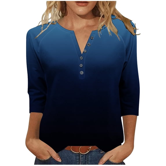Womens 3/4 Sleeve Tops Gradient Color Tee Shirt Loose Fit V Neck Button up Pullover T-shirts Casual Fall Clothes (3XL, Navy)