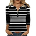 thumbnail image 1 of Womens 3/4 Sleeve Tops Striped Print Tee Shirt Loose Fit V Neck Button up Pullover T-shirts Casual Fall Clothes (M, Black|Stripes), 1 of 7