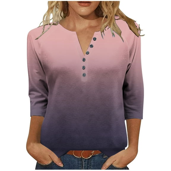 Womens 3/4 Sleeve Tops Gradient Color Tee Shirt Loose Fit V Neck Button up Pullover T-shirts Casual Fall Clothes (M, Pink)