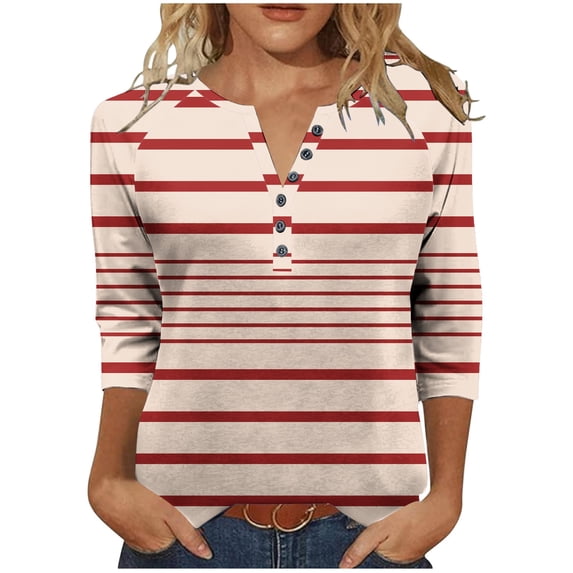 Womens 3/4 Sleeve Tops Striped Print Tee Shirt Loose Fit V Neck Button up Pullover T-shirts Casual Fall Clothes (S, Beige|Stripes)
