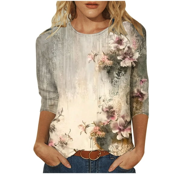 Womens 3/4 Sleeve Tops Hearts Floral Printed Graphic Base Tee Shirts Crew Neck Casual Spring Fall Summer Tshirts (3XL, Khaki)
