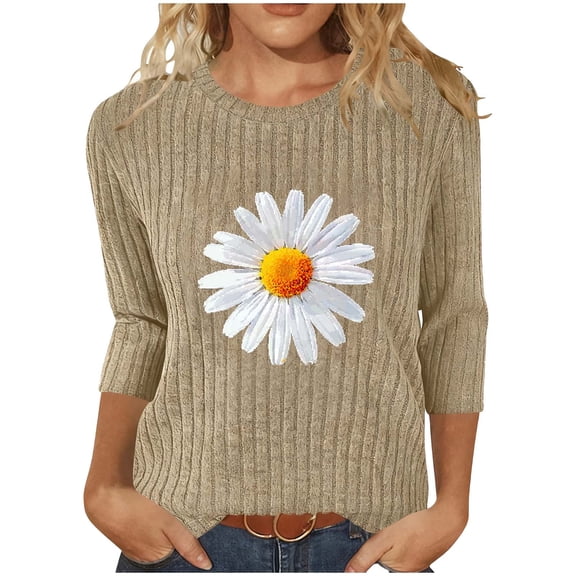 Womens 3/4 Sleeve Tops Hearts Floral Printed Graphic Base Tee Shirts Crew Neck Casual Spring Fall Summer Tshirts (L, Khaki-Daisy)