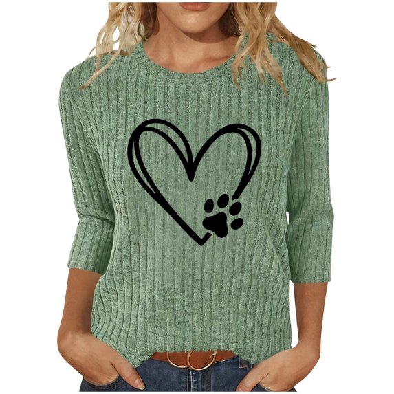 Womens 3/4 Sleeve Tops Hearts Floral Printed Graphic Base Tee Shirts Crew Neck Casual Spring Fall Summer Tshirts (M, Green-Heart)