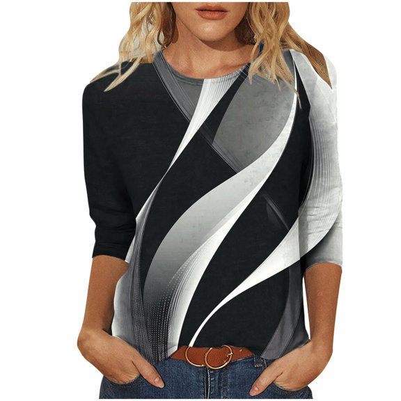 Womens 3/4 Sleeve Tops Hearts Floral Printed Graphic Base Tee Shirts Crew Neck Casual Spring Fall Summer Tshirts (S, Black 01)