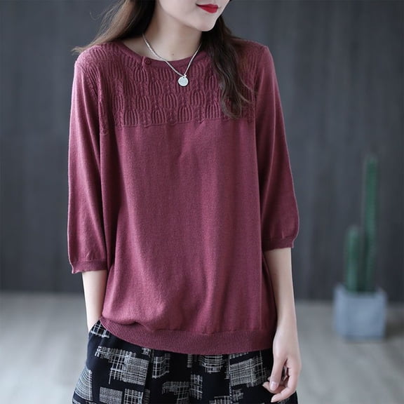 Womens 3/4 Sleeve Tops Knitted Crew Neck Tshirts for Women Casual Fall Winter Sweaters Going Out Top
