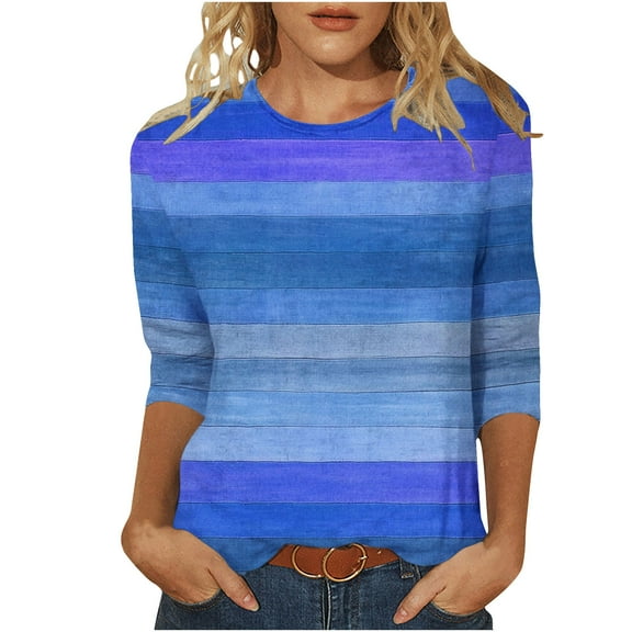 Womens 3/4 Sleeve Tops, Ladies Trendy Striped Graphic Print Crewneck Tshirts Base Tee Casual T-Shirts, Blue-A L