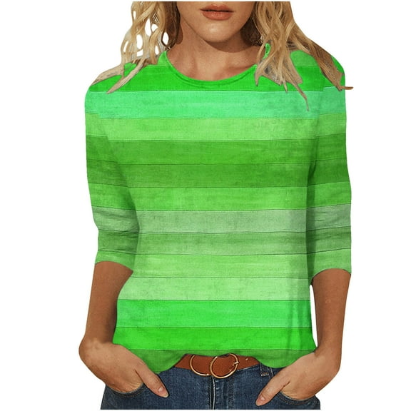 Womens 3/4 Sleeve Tops, Ladies Trendy Striped Graphic Print Crewneck Tshirts Base Tee Casual T-Shirts, Green-A 2XL