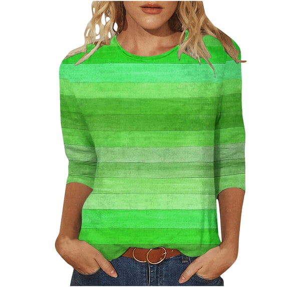 Womens 3/4 Sleeve Tops, Ladies Trendy Striped Graphic Print Crewneck Tshirts Base Tee Casual T-Shirts, Green-A M