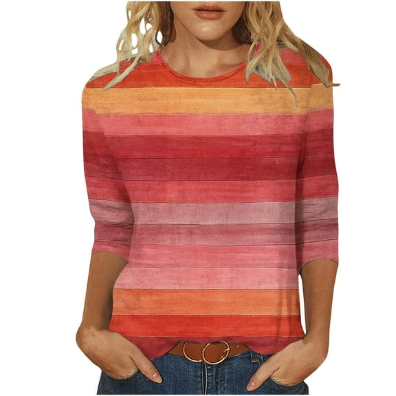 Womens 3/4 Sleeve Tops, Ladies Trendy Striped Graphic Print Crewneck Tshirts Base Tee Casual T-Shirts, Red-A 2XL