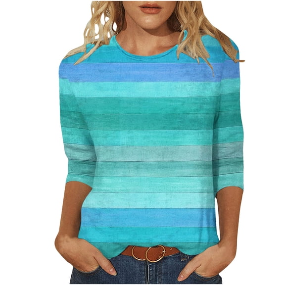 Womens 3/4 Sleeve Tops, Ladies Trendy Striped Graphic Print Crewneck Tshirts Base Tee Casual T-Shirts, Sky Blue-A L