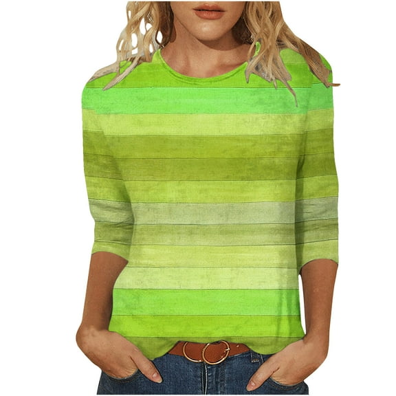 Womens 3/4 Sleeve Tops, Ladies Trendy Striped Graphic Print Crewneck Tshirts Base Tee Casual T-Shirts, Yellow-A L