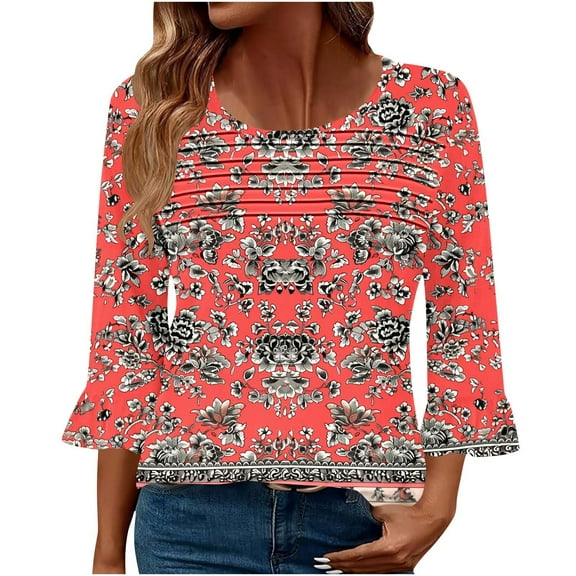 SHE IS Womens 3/4 Sleeve Tops, Long Shirts for Women Fall Business Casual Tops for Women Petite Womens Long Sleeve Cotton Blouses for Work Womens Tunic Tops Dressy Casual Cotton
