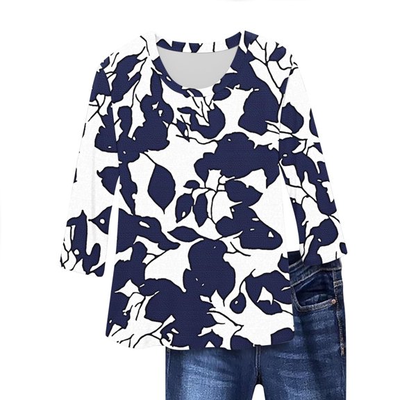 SHE IS Womens 3/4 Sleeve Tops, Long Shirts for Women Plus Size Womens Long Sleeve Tops Crew Neck Casual Blouses for Women Trendy Fall Long Shirts for Women Cotton
