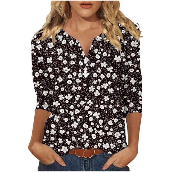 SHE IS Womens 3/4 Sleeve Tops, Long Sleeve Shirts for Women Black Dressy Business Casual Tops for Women Plus Casual Blouses for Women Cotton Womens Tunic Tops Dressy Casual Plus Size