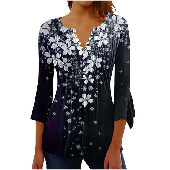 SHE IS Womens 3/4 Sleeve Tops, Long Sleeve Shirts for Women Plus Size Black Womens Long Sleeve Tops Dressy Casual Loose Womens Long Sleeve Blouse Plus Size Basic Tees for Women V Neck