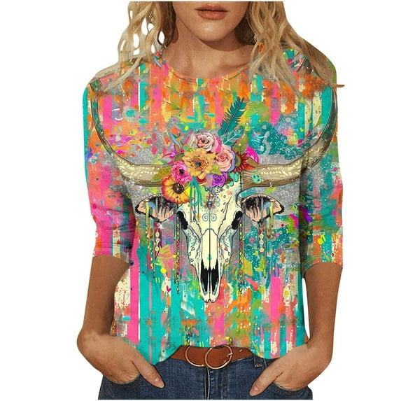 SHE IS Womens 3/4 Sleeve Tops, Long Sleeve Shirts for Women Plus Size Cute Vintage Tops for Women Y2k Oversized Long Sleeve Graphic Tshirts Shirts for Women Plus Size Tunic Tops for Women Cotton