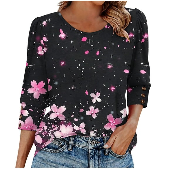 Womens 3/4 Sleeve Tops Loose Fit Dressy Casual Blouse Striped Print Crew Neck Spring Fall Clothes with Button (3XL, Pink)