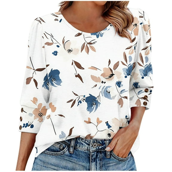 Womens 3/4 Sleeve Tops Loose Fit Dressy Casual Blouse Striped Print Crew Neck Spring Fall Clothes with Button (L, White)