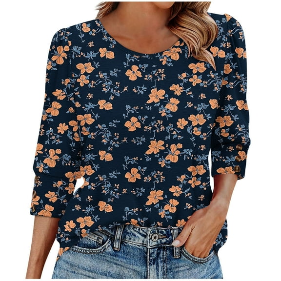 Womens 3/4 Sleeve Tops Loose Fit Dressy Casual Blouse Striped Print Crew Neck Spring Fall Clothes with Button (XL, Navy)