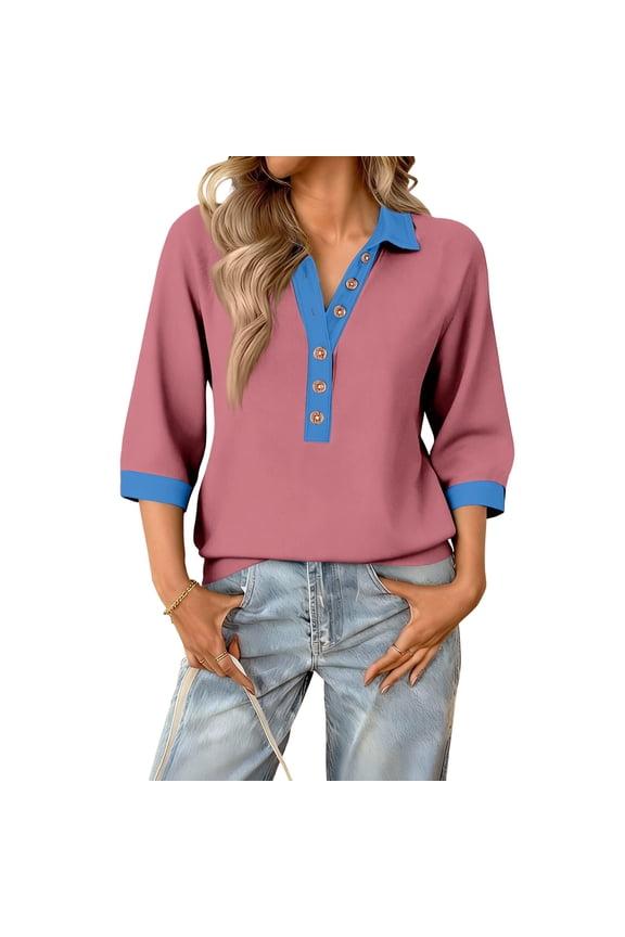 Womens 3/4 Sleeve Tops Lounge V Neck Shirt Vintage Henley Blouses Work Button Tops Spring Color Block Clothing Pink 05