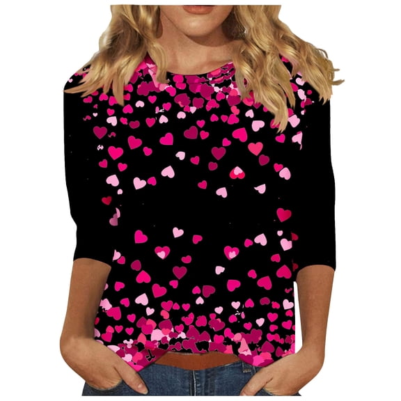 Womens 3/4 Sleeve Tops Love Heart Printed Valentines Day Gifts for Her Casual Crewneck Graphic Tee Shirts, Black C,L