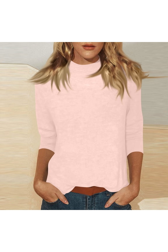 Womens 3/4 Sleeve Tops Mid Neck Loose Fit Blouse Soft Casual Shirts for Spring Autumn Daily Wear 2026 Light pink XL