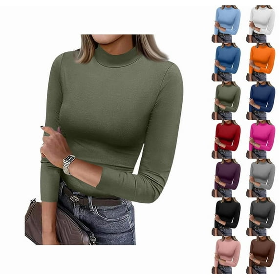 Womens 3/4 Sleeve Tops Mock Turtleneck Business Casual Blouse Slim Fitted Basic Tee Shirts Fall Fashion Clothes Army Green XXL
