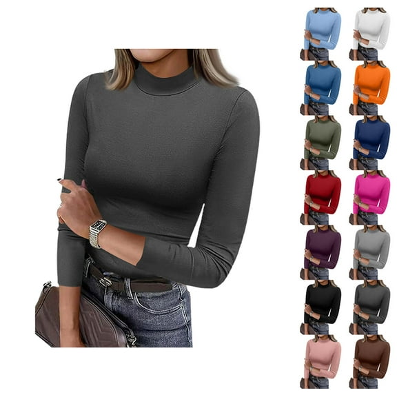 Womens 3/4 Sleeve Tops Mock Turtleneck Business Casual Blouse Slim Fitted Basic Tee Shirts Fall Fashion Clothes Dark Gray XXL