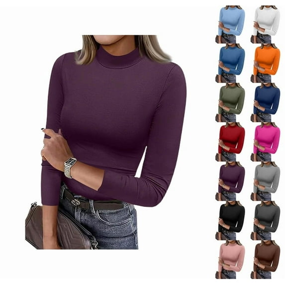 Womens 3/4 Sleeve Tops Mock Turtleneck Business Casual Blouse Slim Fitted Basic Tee Shirts Fall Fashion Clothes Dark Purple L