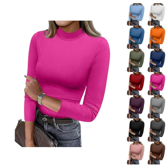 Womens 3/4 Sleeve Tops Mock Turtleneck Business Casual Blouse Slim Fitted Basic Tee Shirts Fall Fashion Clothes Hot Pink M