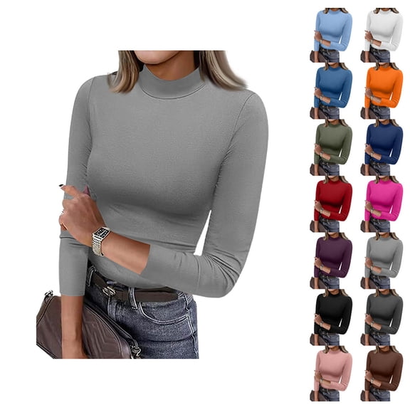 Womens 3/4 Sleeve Tops Mock Turtleneck Business Casual Blouse Slim Fitted Basic Tee Shirts Fall Fashion Clothes Light Gray S