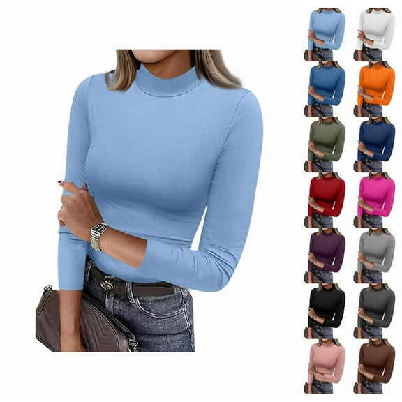 Womens 3/4 Sleeve Tops Mock Turtleneck Business Casual Blouse Slim Fitted Basic Tee Shirts Fall Fashion Clothes Sky Blue S