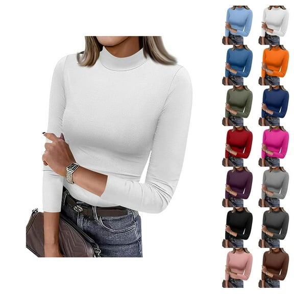 Womens 3/4 Sleeve Tops Mock Turtleneck Business Casual Blouse Slim Fitted Basic Tee Shirts Fall Fashion Clothes White XXL