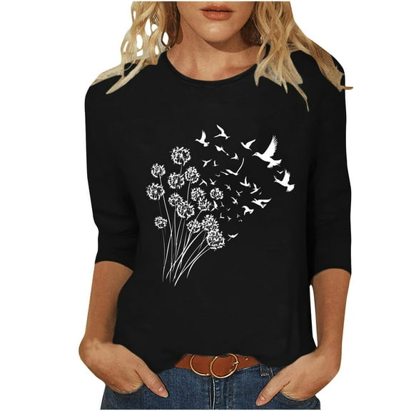 SHE IS Womens 3/4 Sleeve Tops, Oversized Long Sleeve Shirts for Women Gym Womens Floral Tops Dressy Casual Dressy Blouses for Women Elegant Fall Tunic Tops for Leggings with Ruffle Hem