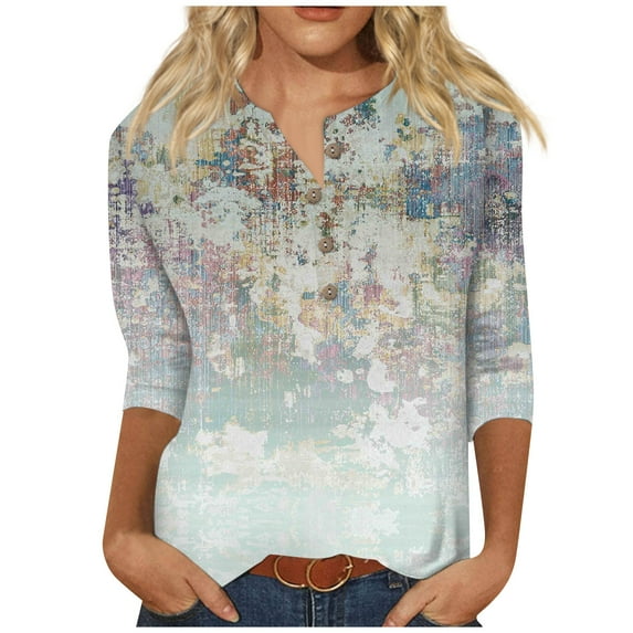 Womens 3/4 Sleeve Tops Petite Summer Ethnic Floral Slim Ladies Tops and Blouses Dressy Crewneck Slim Fit Half Sleeve Womens Shirts 3/4 Sleeve Spring Blouses for Women Fashion 2023 Plus Size