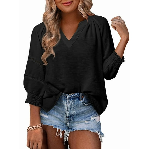 Womens 3/4 Sleeve Tops Pleated Business Casual Outifits V Neck Blouses Office Loose Shirts Black L
