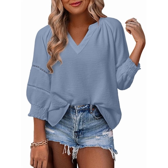 Womens 3/4 Sleeve Tops Pleated Business Casual Outifits V Neck Blouses Office Loose Shirts Blue XL