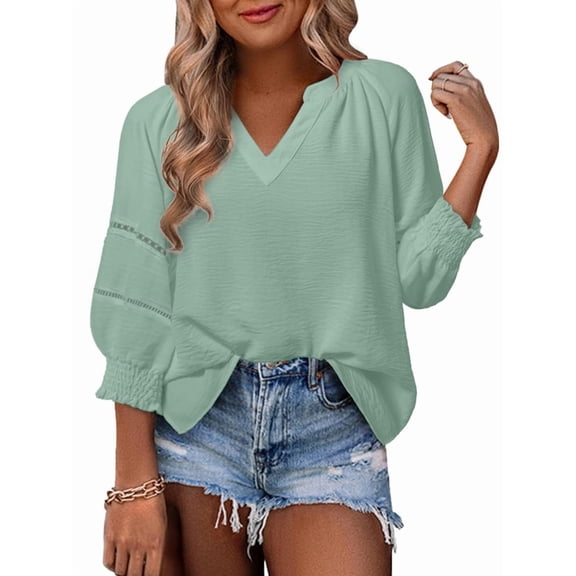 Womens 3/4 Sleeve Tops Pleated Business Casual Outifits V Neck Blouses Office Loose Shirts Green L