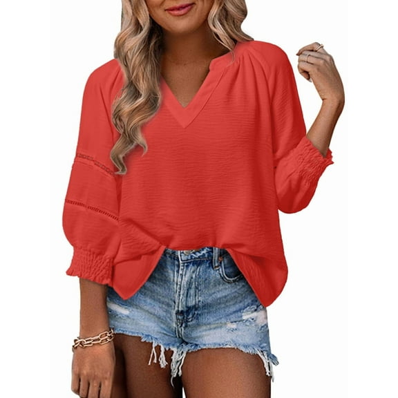 Womens 3/4 Sleeve Tops Pleated Business Casual Outifits V Neck Blouses Office Loose Shirts Red M