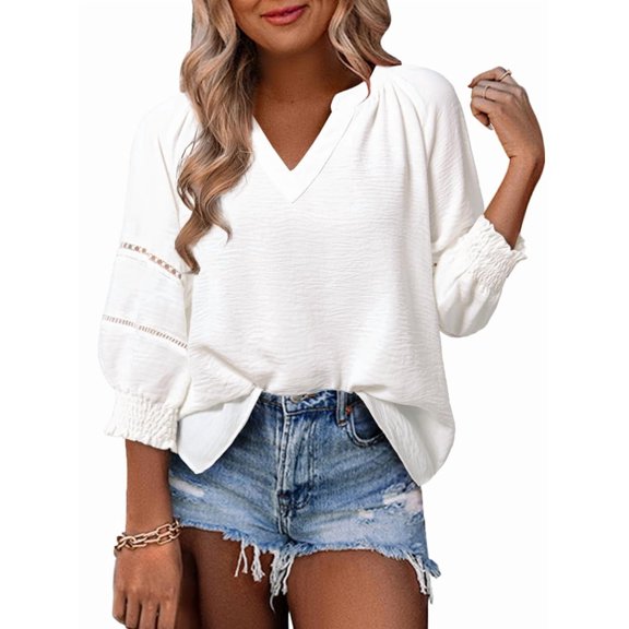 Womens 3/4 Sleeve Tops Pleated Business Casual Outifits V Neck Blouses Office Loose Shirts White M