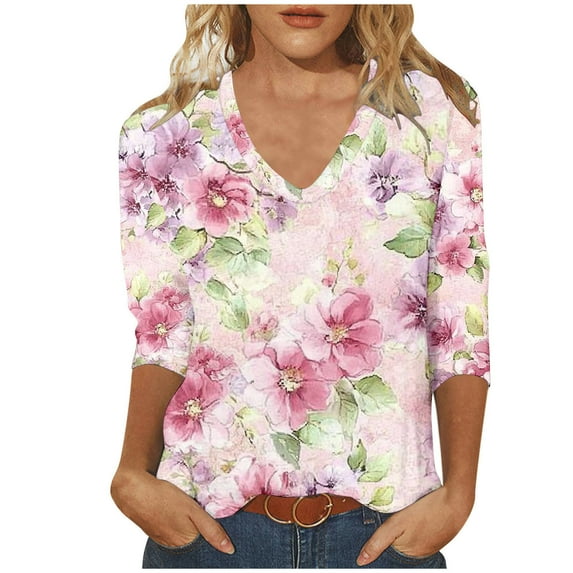 Womens 3/4 Sleeve Tops Plus Size Print Casual V Neck Tunic Tops Basic Tees Blouses