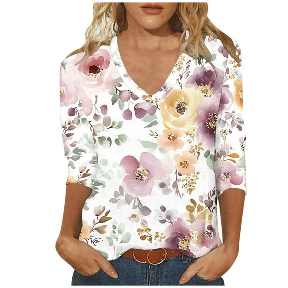 Womens 3/4 Sleeve Tops Plus Size Print Casual V Neck Tunic Tops Basic Tees Blouses
