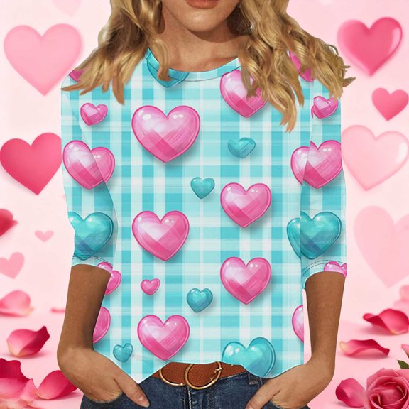 Womens 3/4 Sleeve Tops Plus Size Valentines Day Tee Shirts Love Hearts Printed Crew Neck Tshirts Casual Loose Fit (2XL, Light Blue)